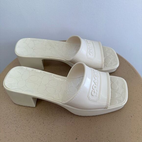 Coach Scarlett Chalk Cream Rubber Block Heel Slip On Open Square Toe Sandal - Picture 3 of 13